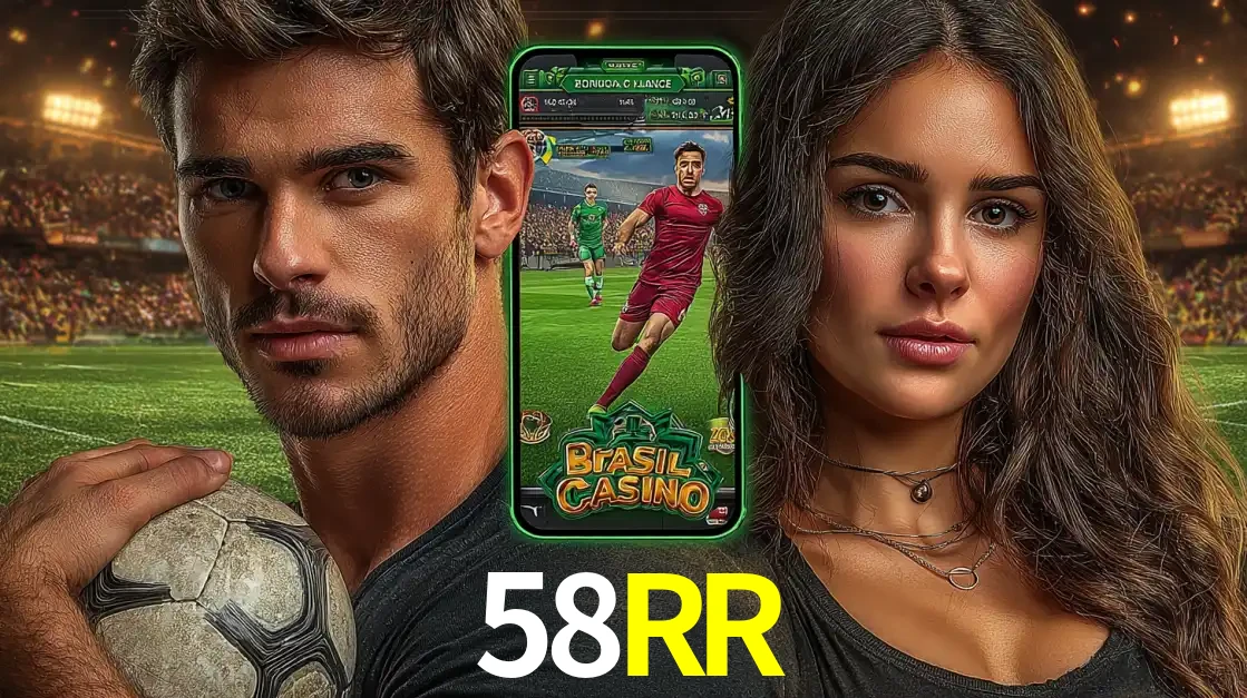 Homem segurando uma bola de futebol e uma mulher ao lado de um smartphone exibindo o jogo de apostas esportivas da 58RR. Faça seu palpite no cassino online.